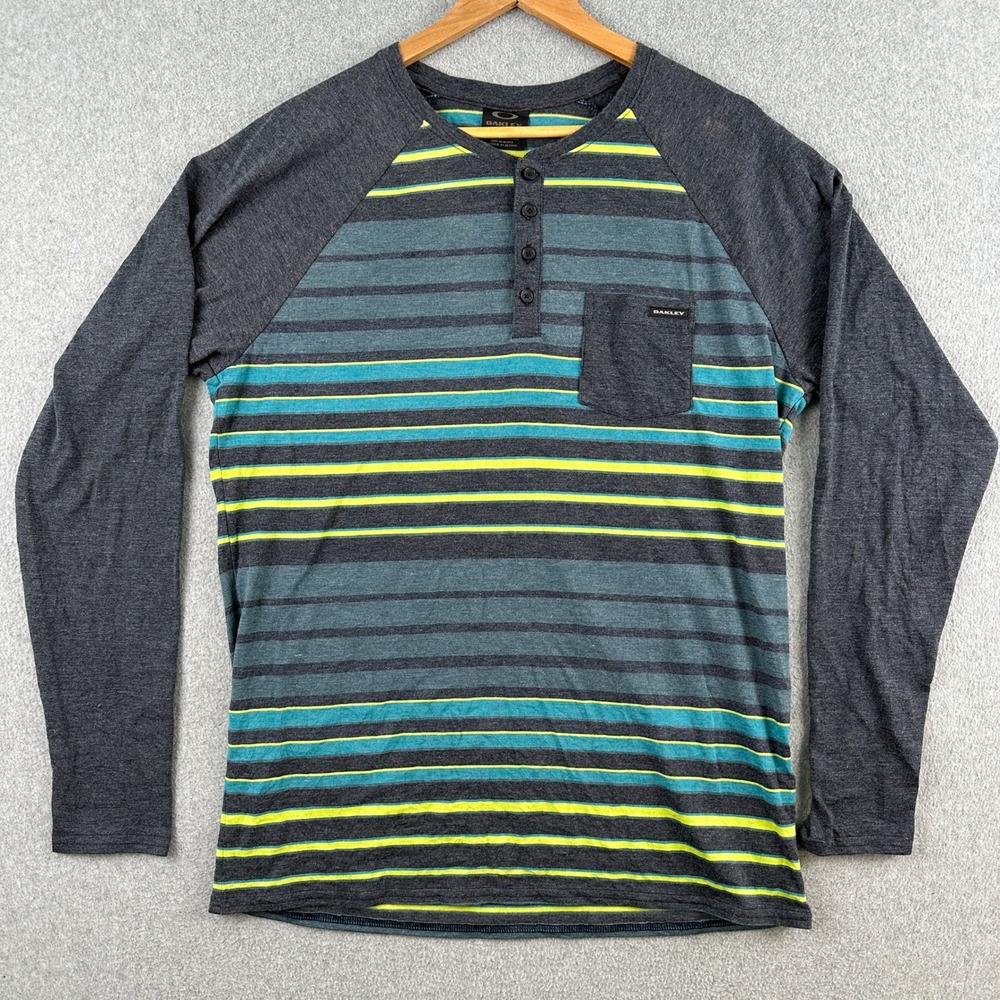 Oakley Henley Mens Large Gray Striped Long Sleeve Raglan Pocket Shirt‎